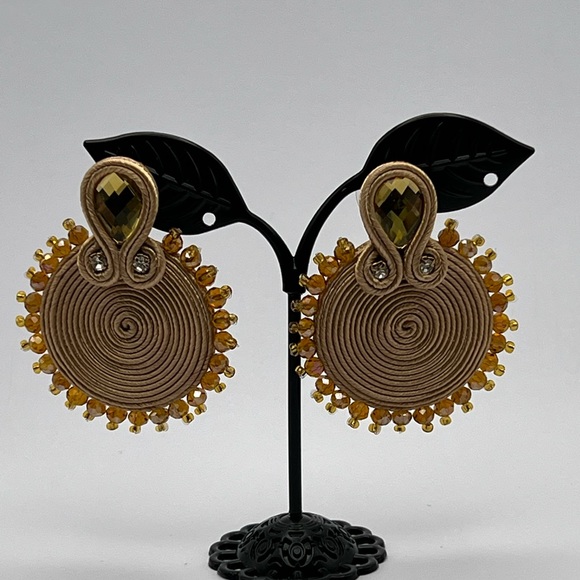 Round Gold Statement Soutache Earrings - Elegant Glam Evening Earrings - Picture 6 of 7